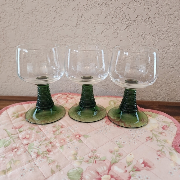 Other - Set of 3 Wine Goblets W/ Green Ribbed Stems